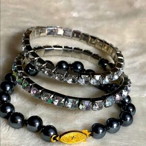 3 Bracelet Set - 2 Stretch Crystal Rhinestone and 1 Knotted Gray Pearl